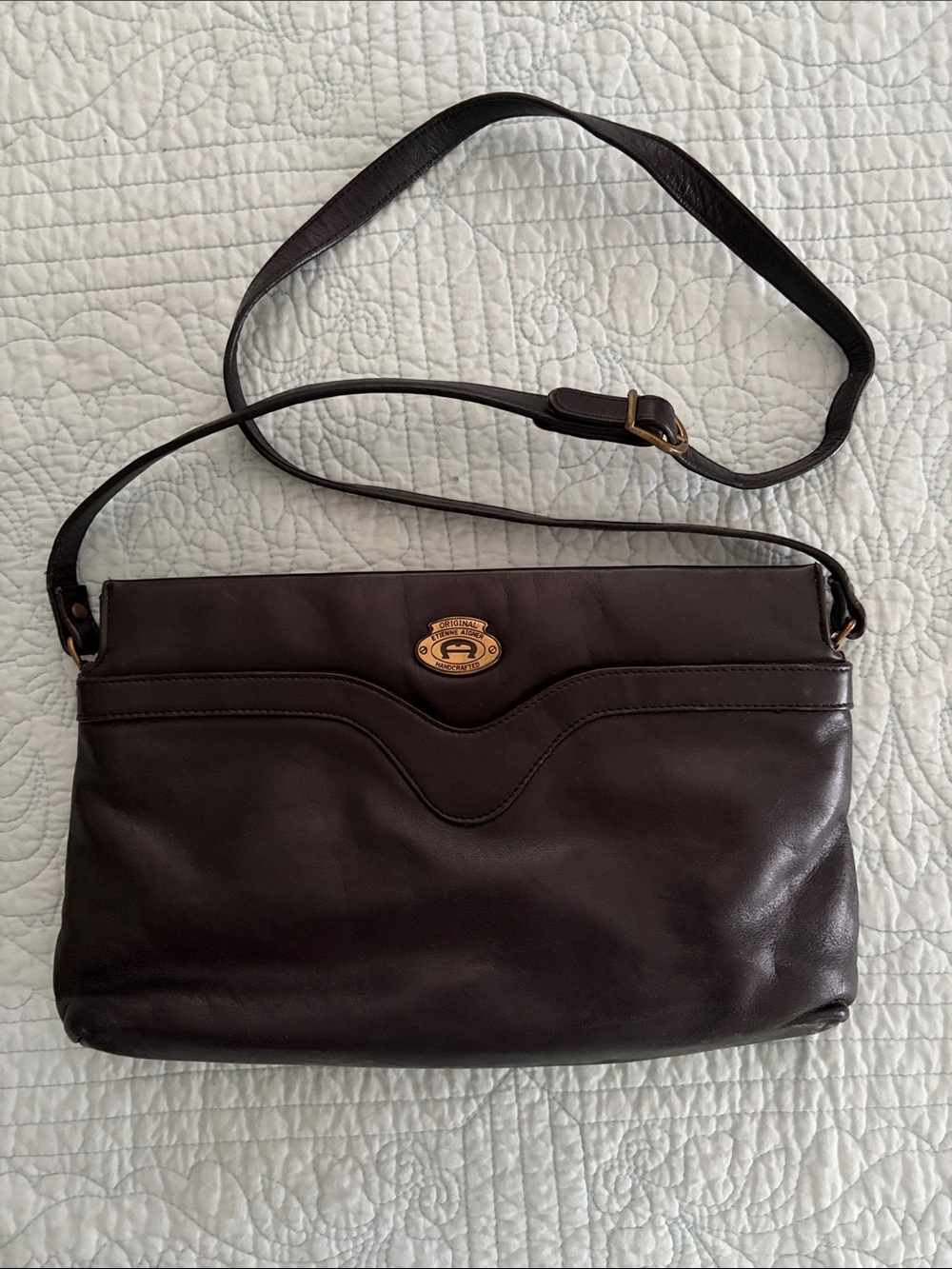 Etienne Aigner Dark Brown Leather Crossbody Bag with Gold-Tone Hardware